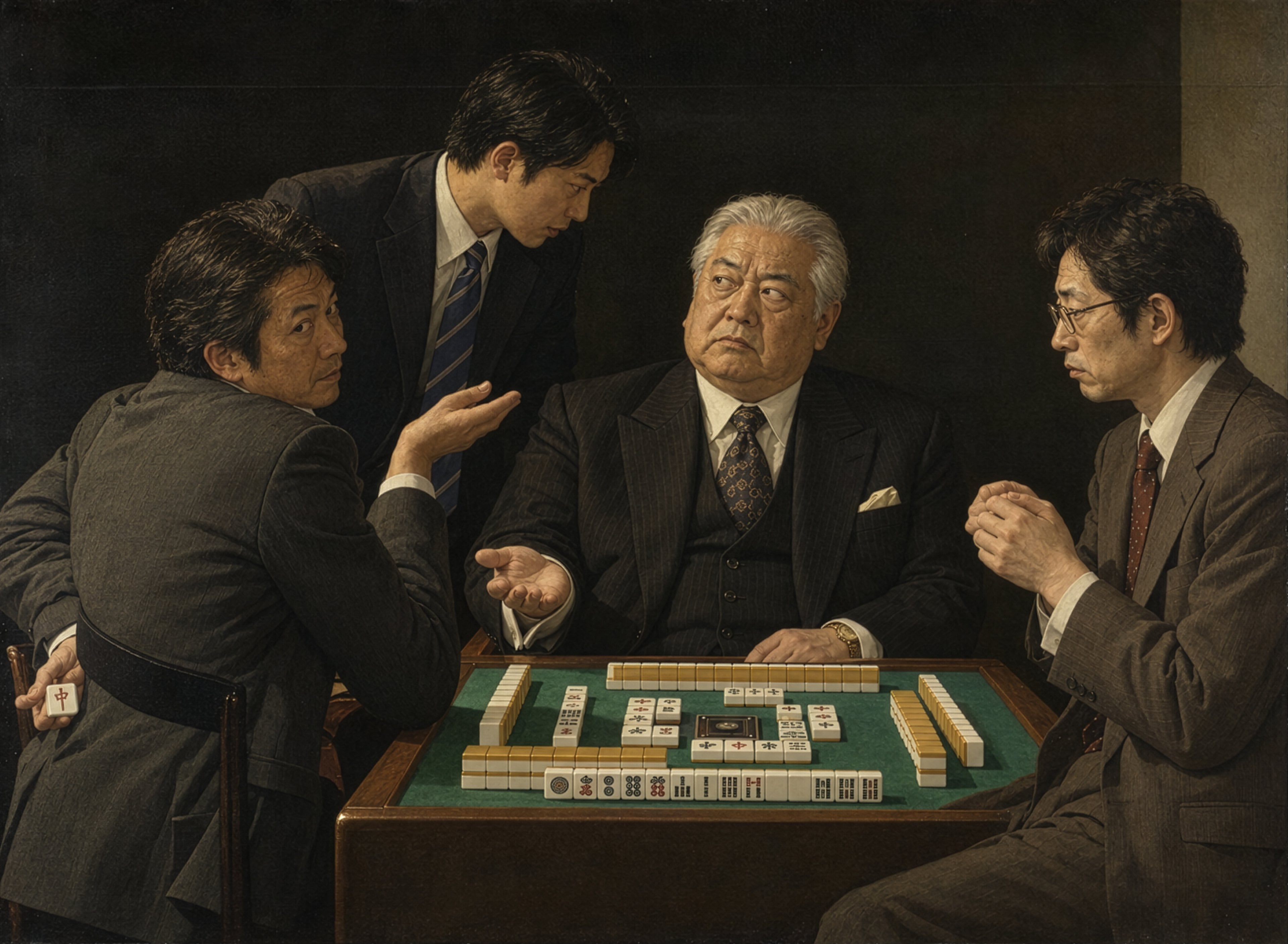 麻雀卓を囲むスーツ姿の4人の男を描いた絵画。手前の男は背中に回した手に三元牌の「中」を隠し持ち、こちらを振り返っている